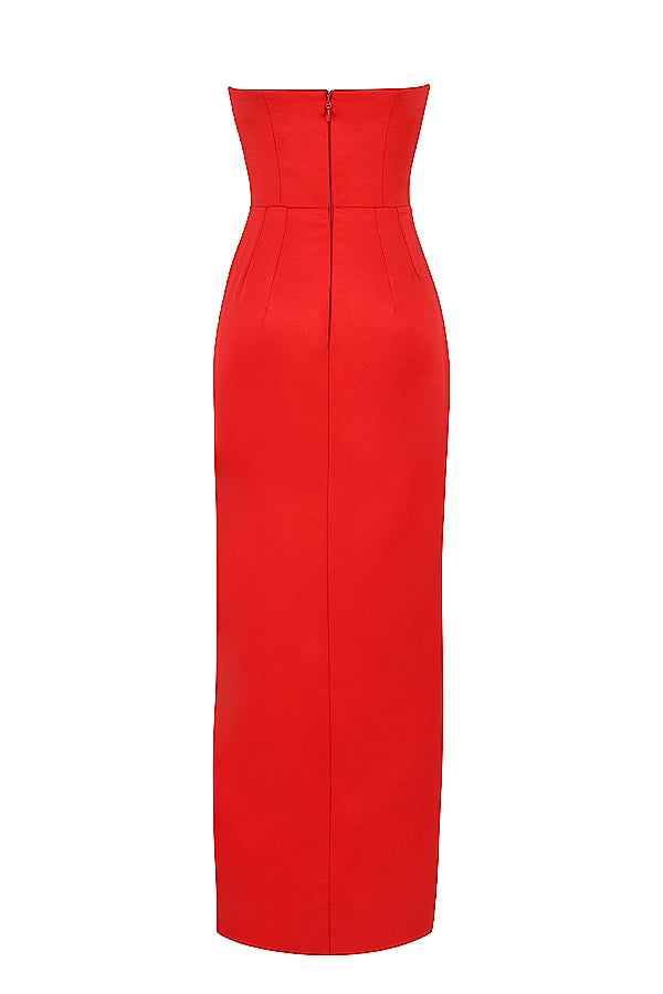 Rode Satijnen Strapless Maxi Jurk
