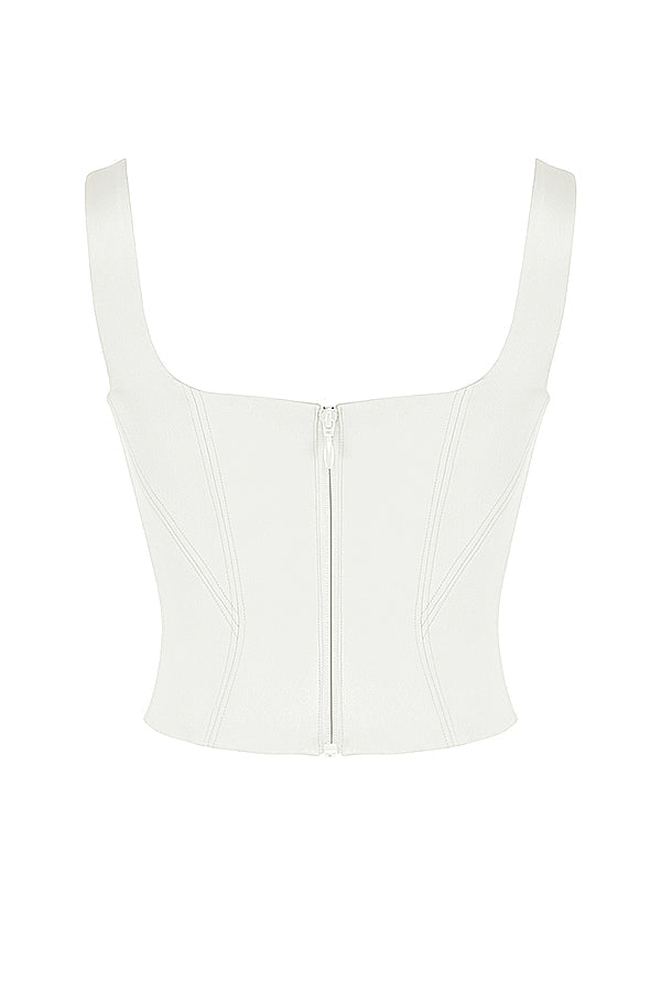 Lång korsett i elfenbensfärgad satin med utskuren lång kjol