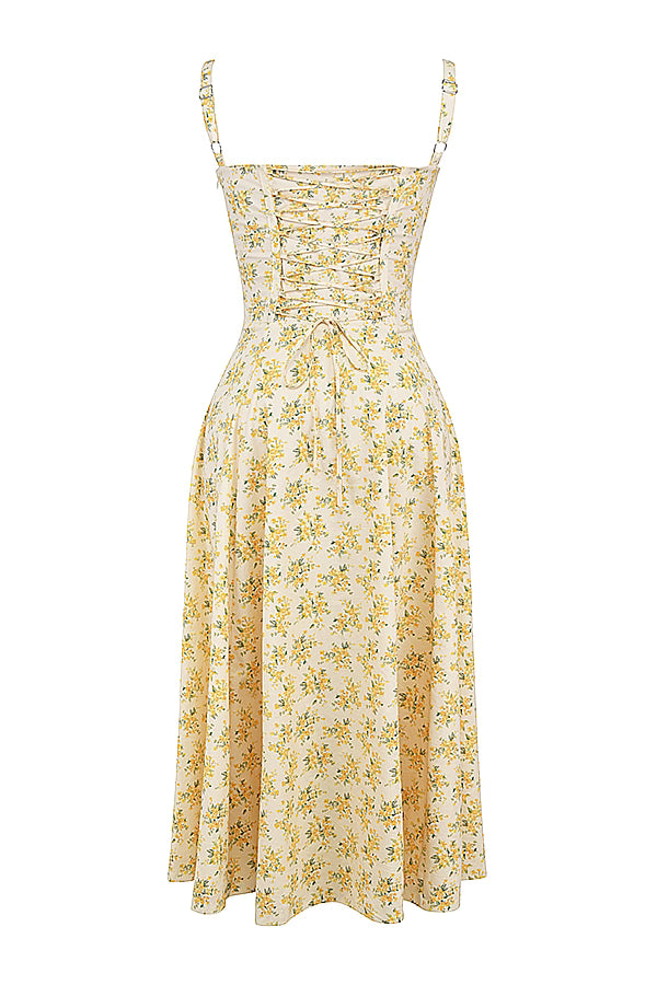 Gele Bloemen Corset Midi Jurk