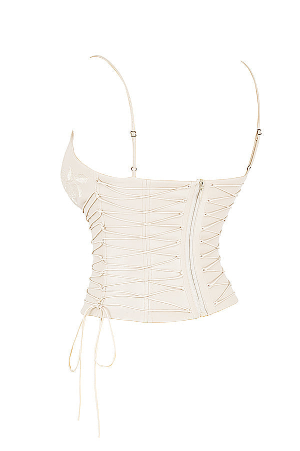 Kräm vegansk läderkorsett med draperad midikjol