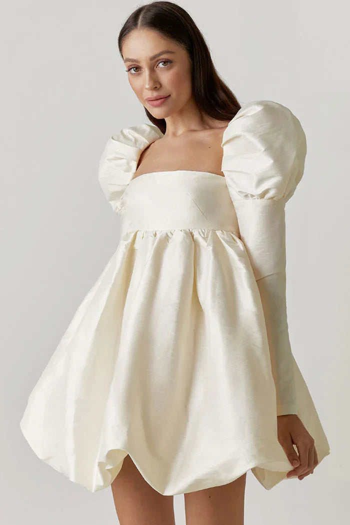 Witte Mini Jurk met Pofmouwen
