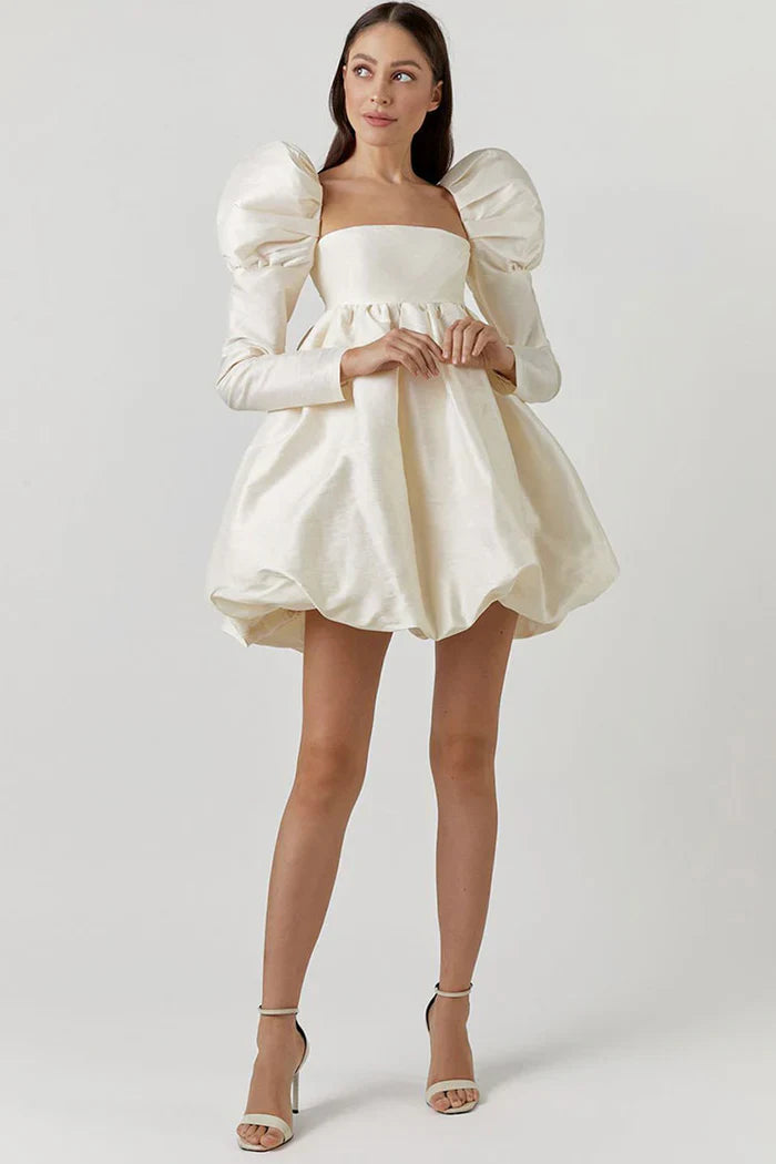 Witte Mini Jurk met Pofmouwen