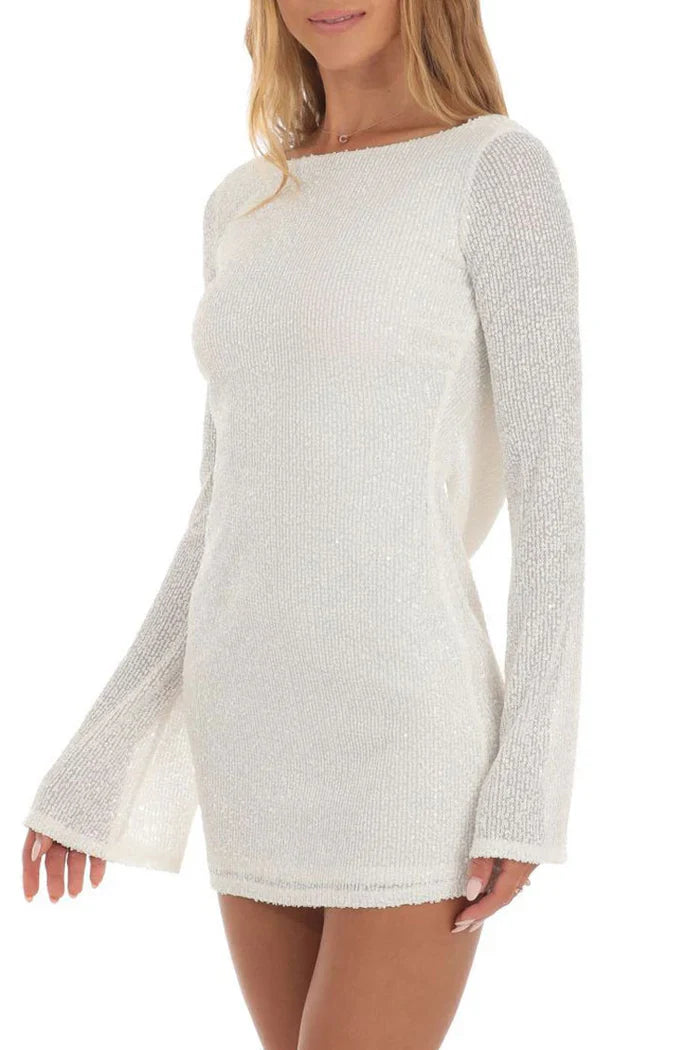 Witte Glitter Gebreide Mini Jurk met Lange Mouwen