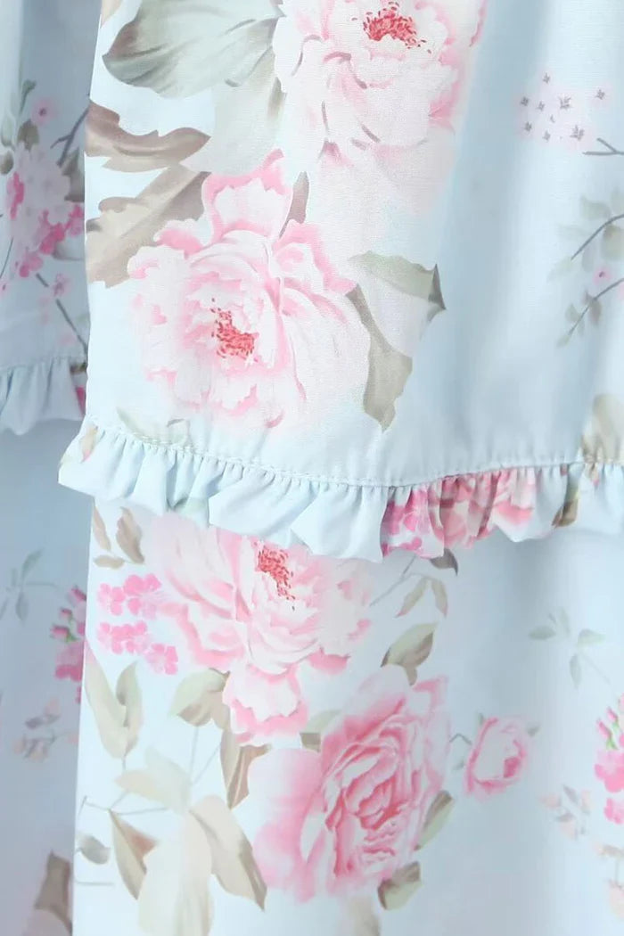 Lichtblauwe Maxi Jurk met Rozenprint