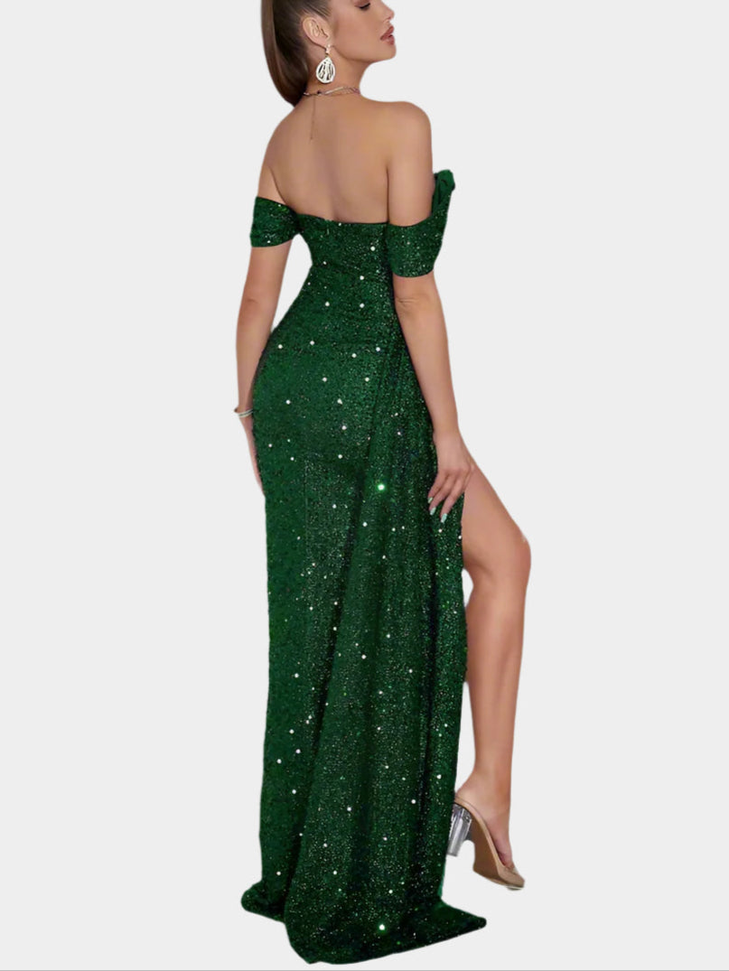Off-Shoulder Maxi Jurk met Pailletten en Split