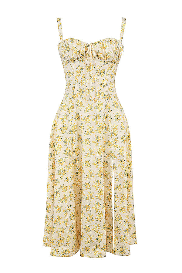 Gele Bloemen Corset Midi Jurk