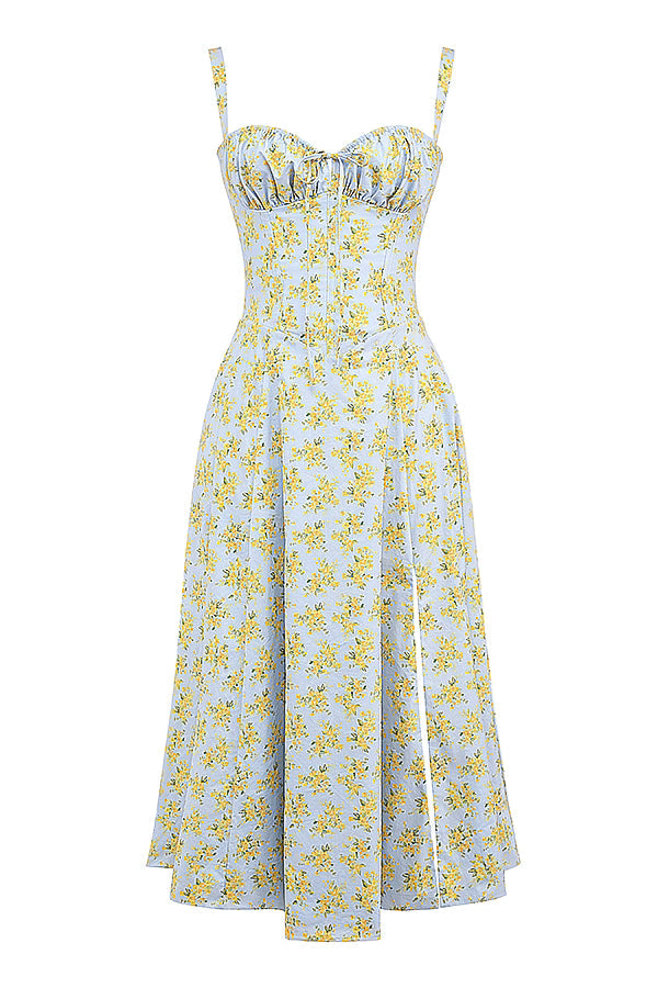 Lichtblauwe Corset Midi Jurk met Bloemenprint