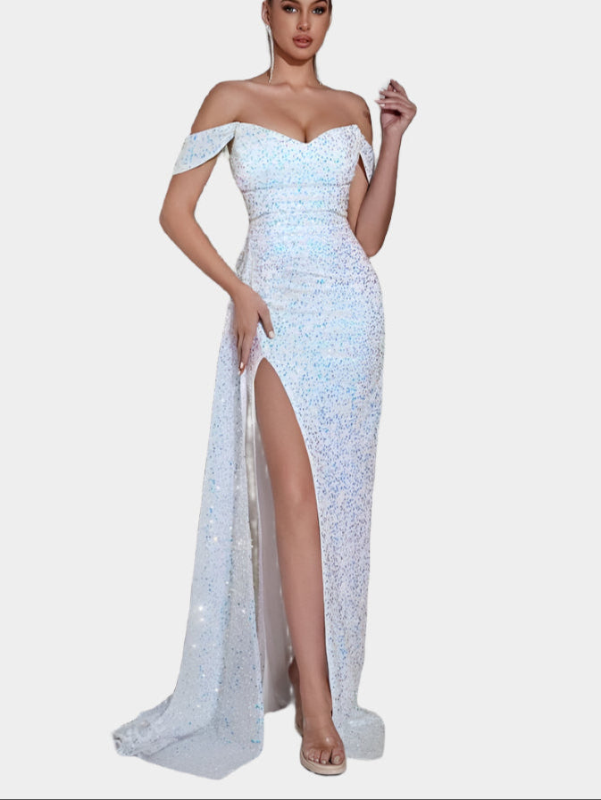 Off-Shoulder Maxi Jurk met Pailletten en Split
