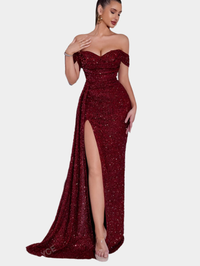 Off-Shoulder Maxi Jurk met Pailletten en Split