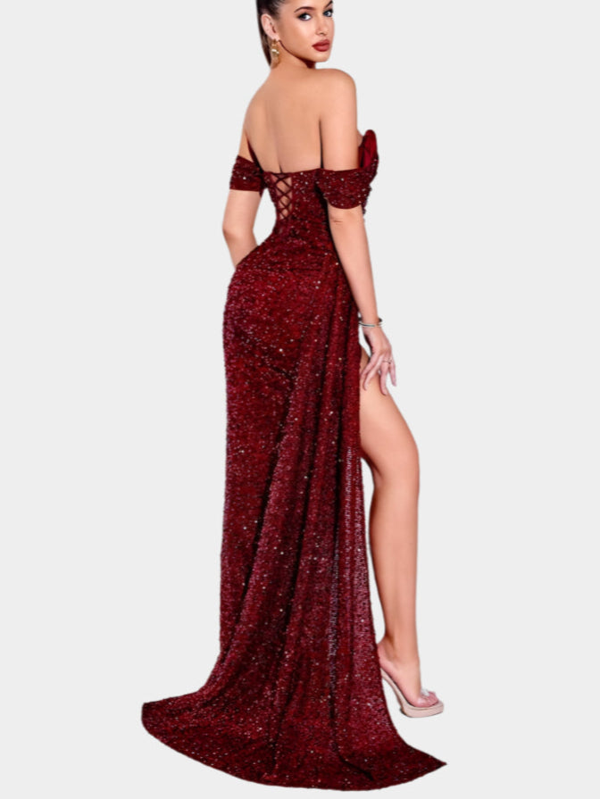 Off-Shoulder Maxi Jurk met Pailletten en Split