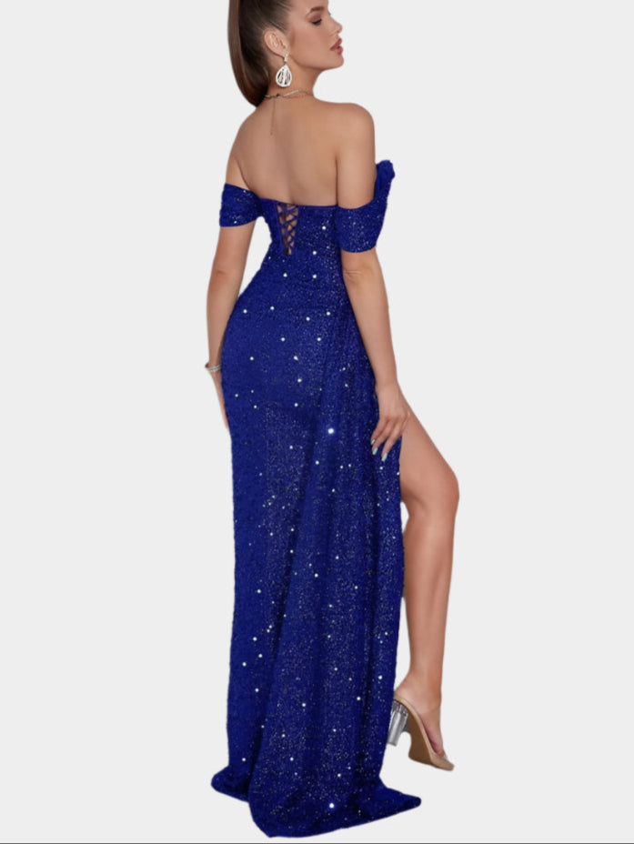 Off-Shoulder Maxi Jurk met Pailletten en Split