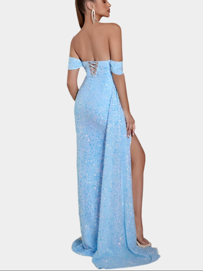 Off-Shoulder Maxi Jurk met Pailletten en Split