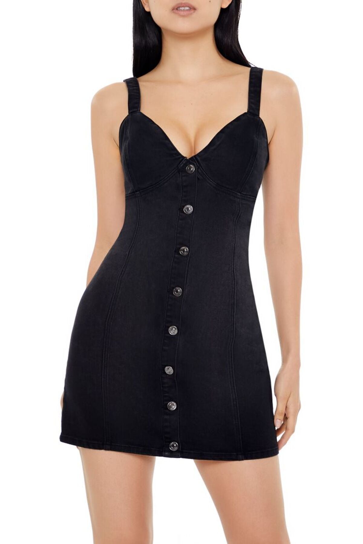 Zwarte denim mini-jurk met knopen