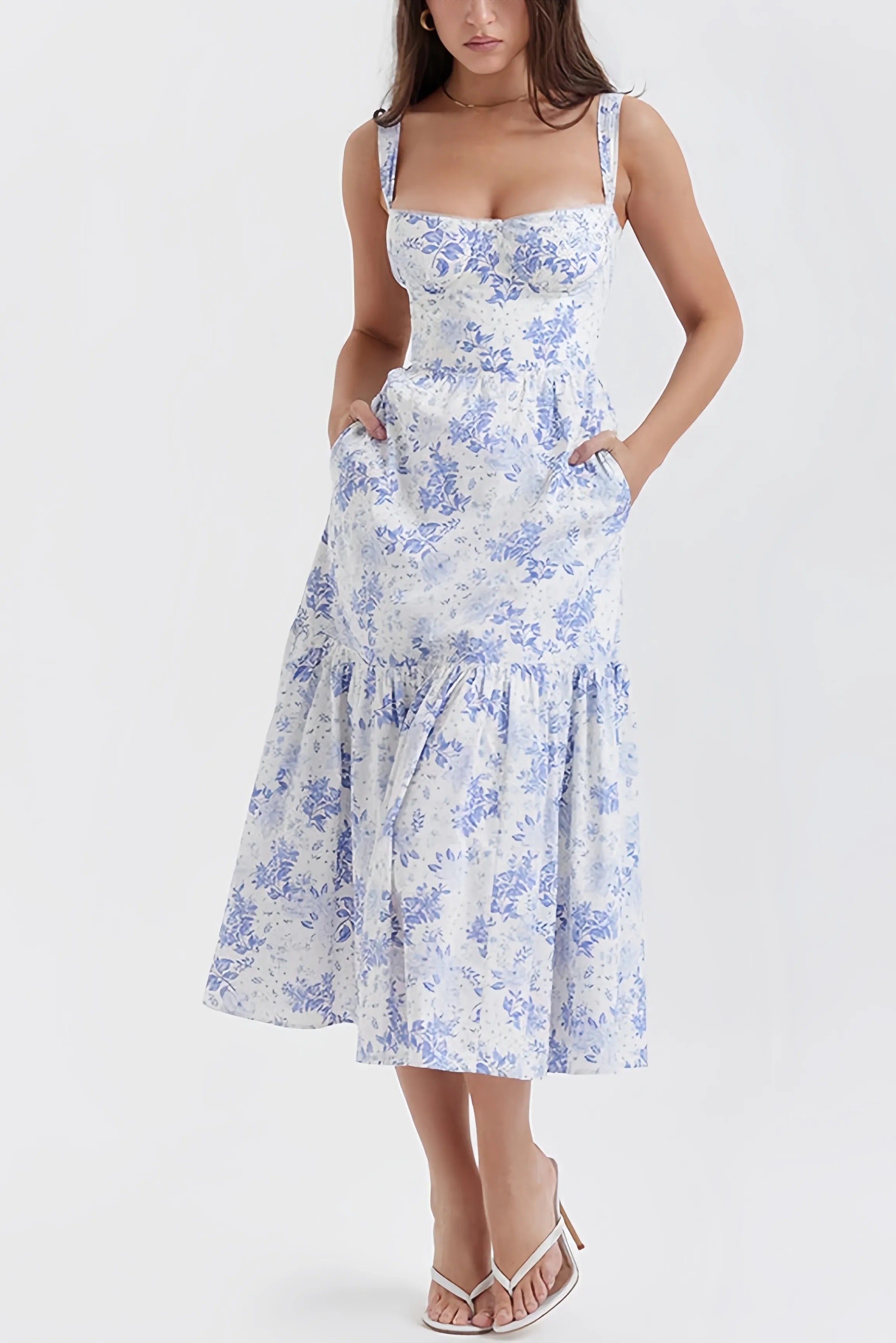 Witte en blauwe maxi-korsetjurk met bloemenprint