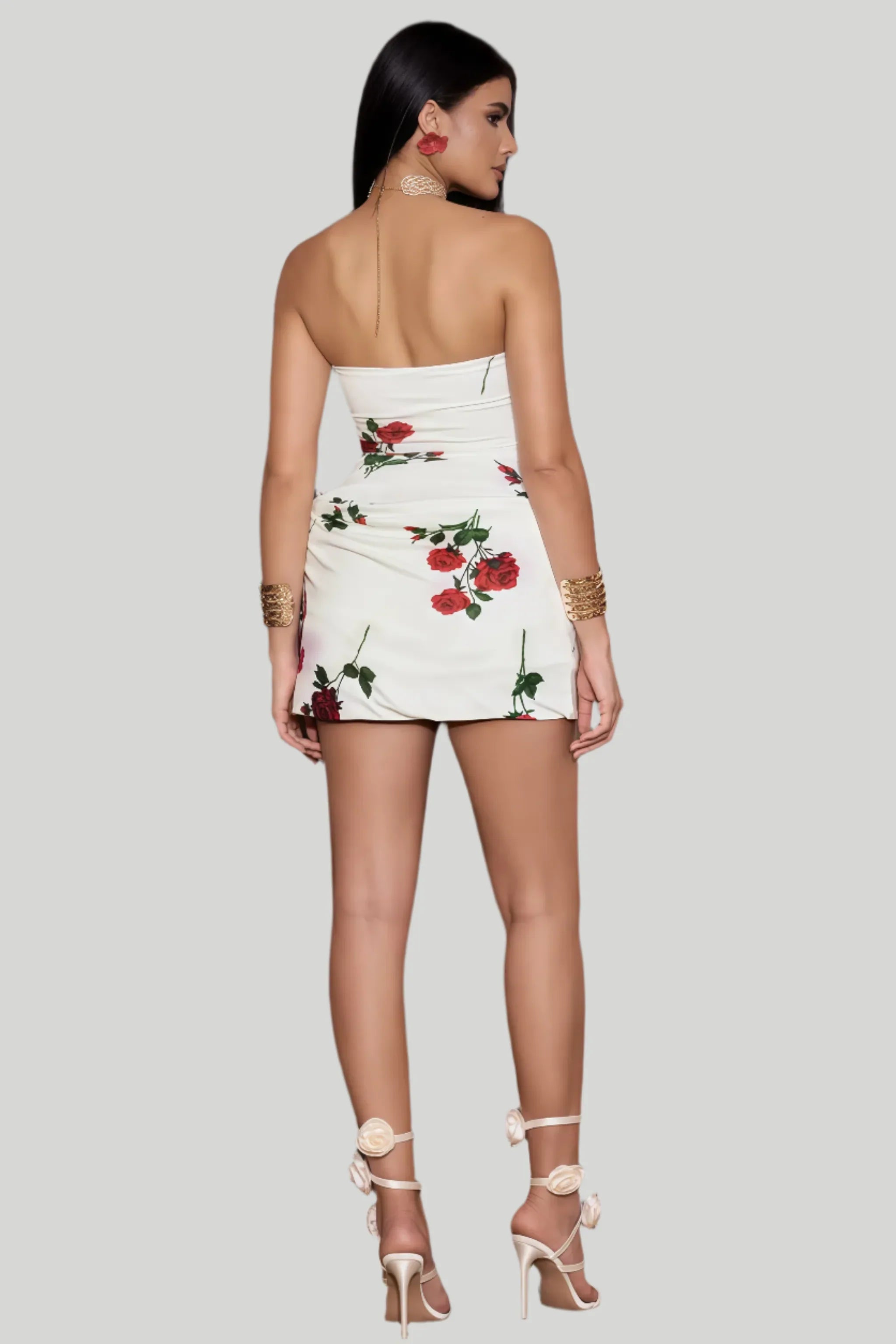 Witte strapless minijurk met rode rozen