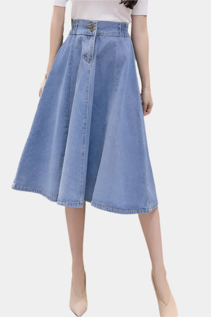 Blauwe Denim Midi Rok met Hoge Taille