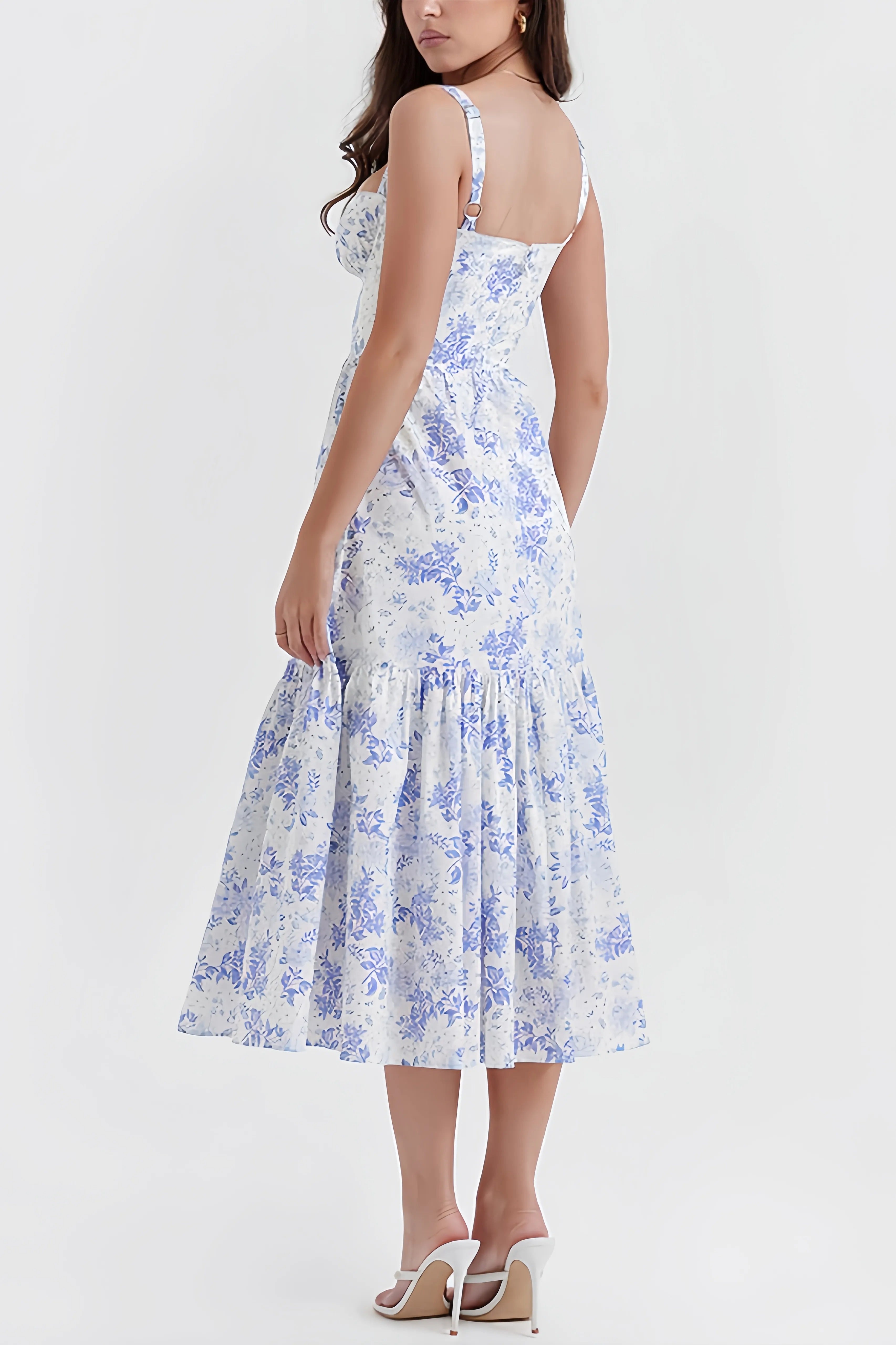 Witte en blauwe maxi-korsetjurk met bloemenprint