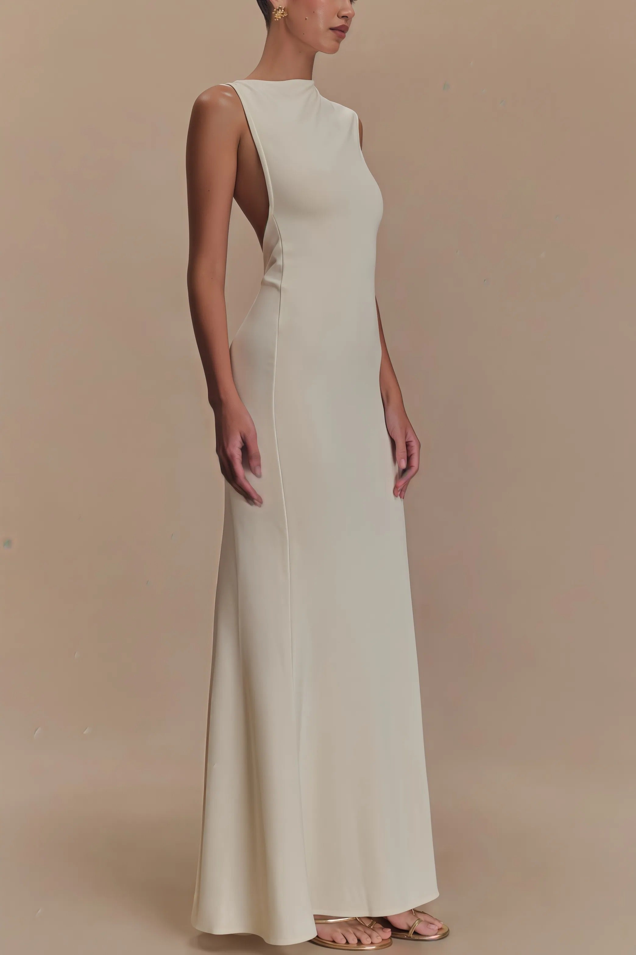 Beige mouwloze maxi-jurk