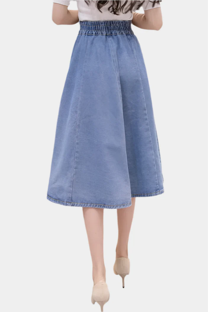 Blauwe Denim Midi Rok met Hoge Taille