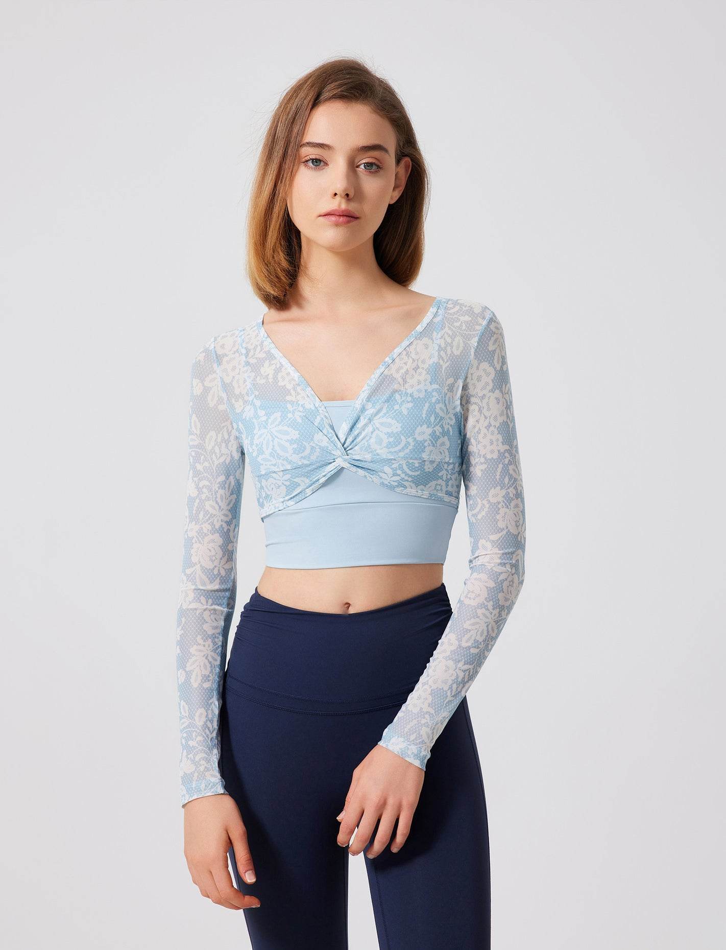 Crop Top met Bloemenpatroon en Mesh Mouwen