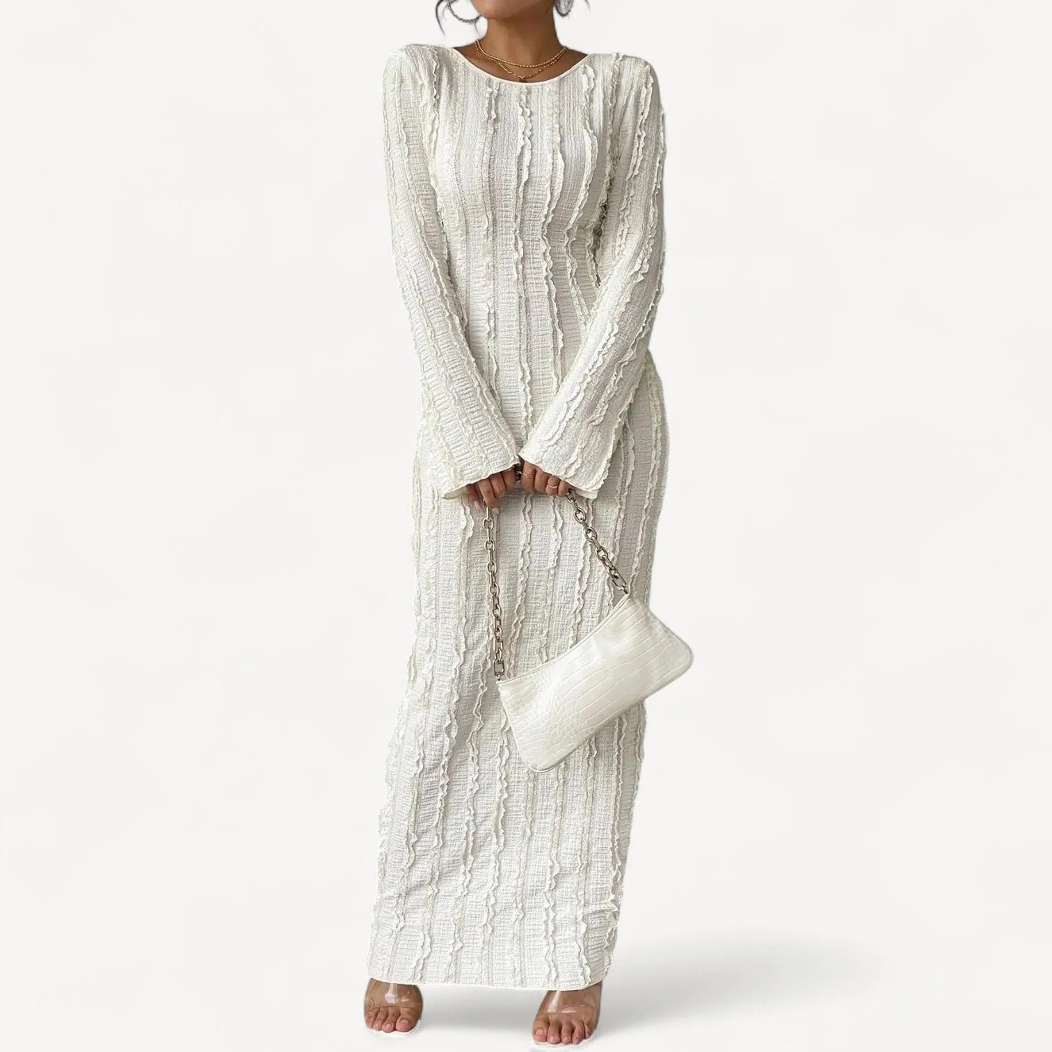 Witte Maxi Jurk met Structuurpatroon