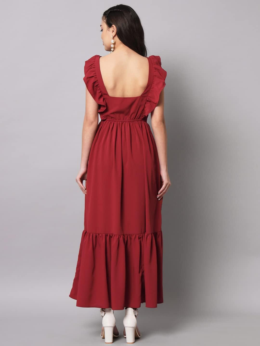 Rode maxi-jurk met ruche mouwen