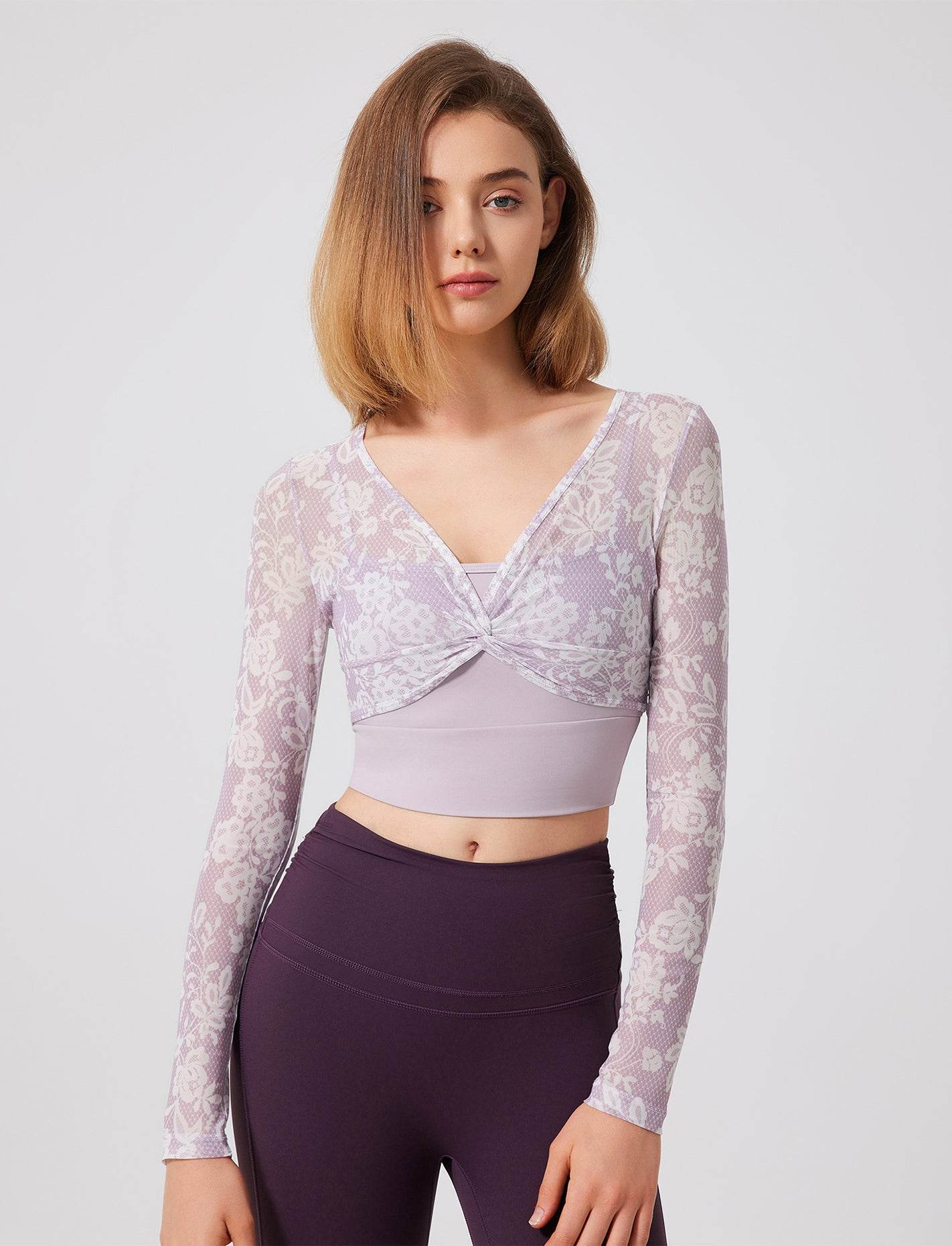Crop Top met Bloemenpatroon en Mesh Mouwen