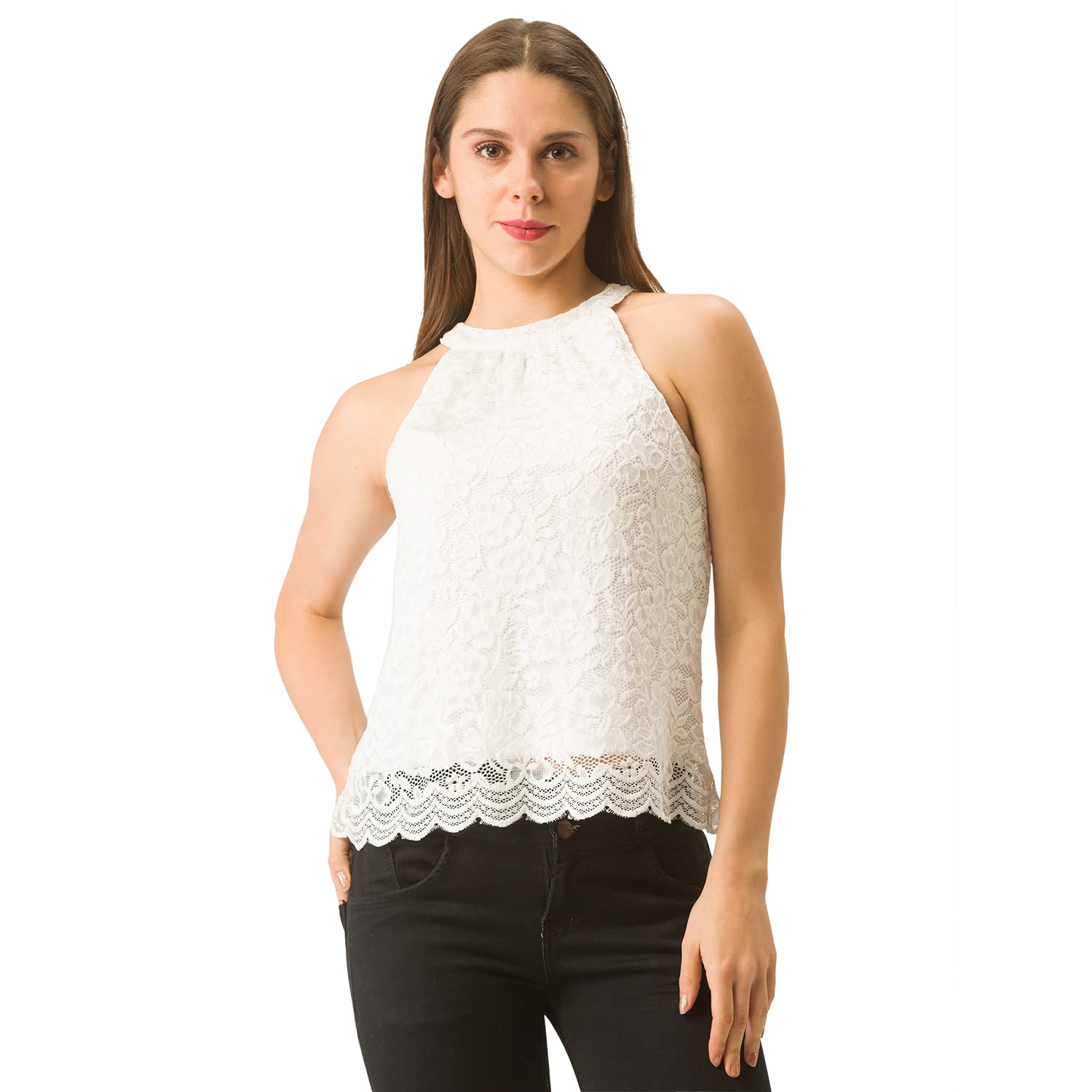 Witte kanten haltertop met afgeronde rand
