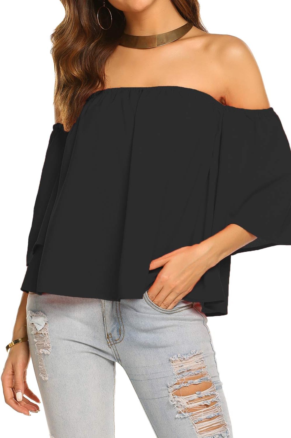 Off-shoulder blouse met wijde mouwen