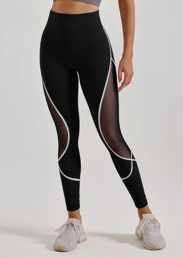 Zwarte Legging met Witte Accenten en Mesh Details