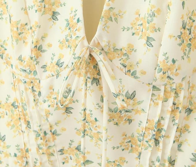 Gele Mini Jurk met Bloemenprint en Pofmouwen