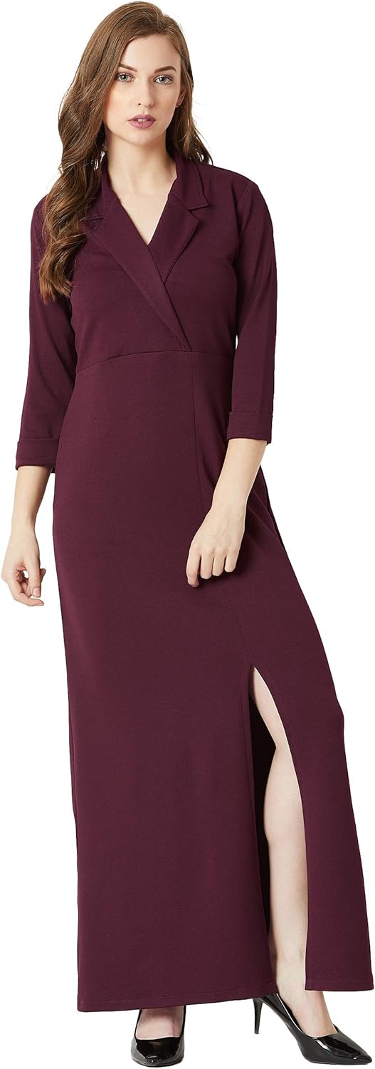 Bourgondische maxi-jurk met kraag en split