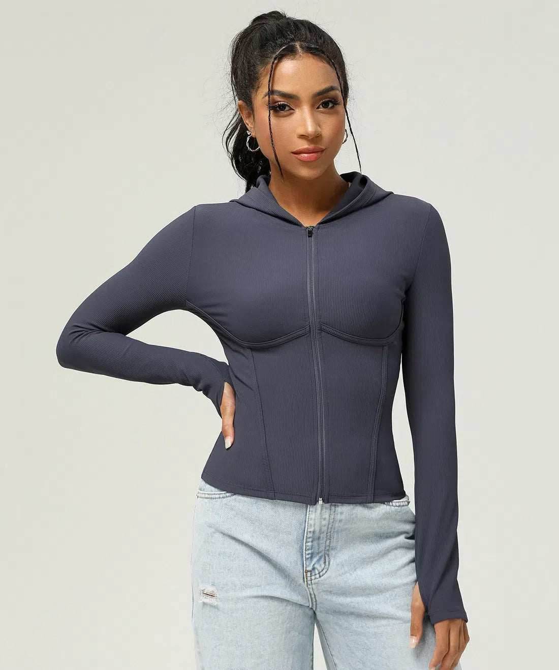 Geribbelde Hoodie met Rits