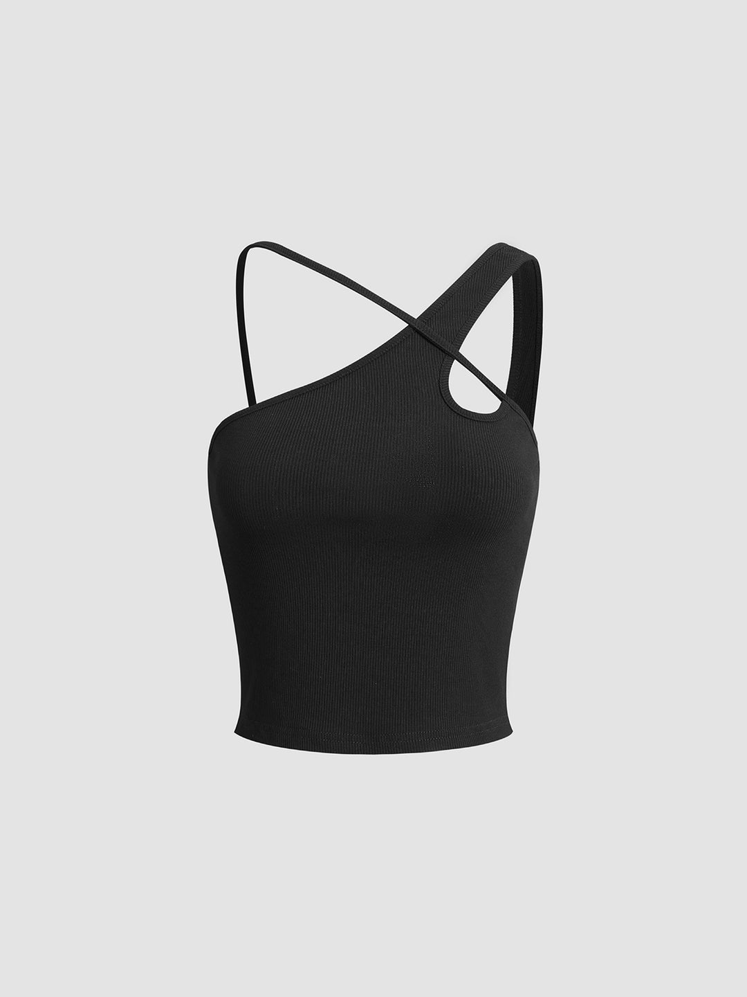 Zwarte asymmetrische geribbelde top met dubbele bandjes