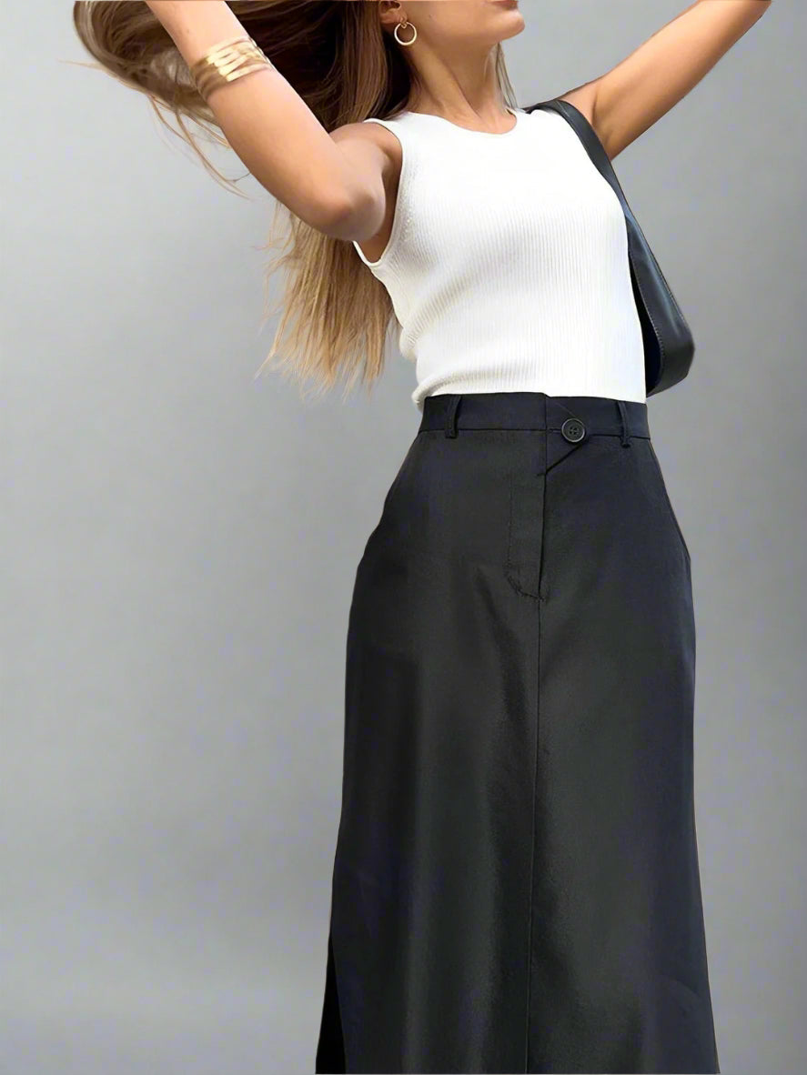 Zwarte Satijnen Maxi-Rok met Tailored Details