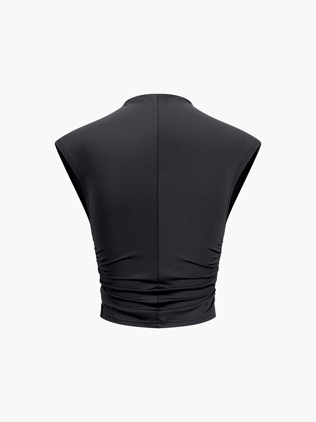 Zwarte mouwloze crop top met hoge kraag en geplooide taille