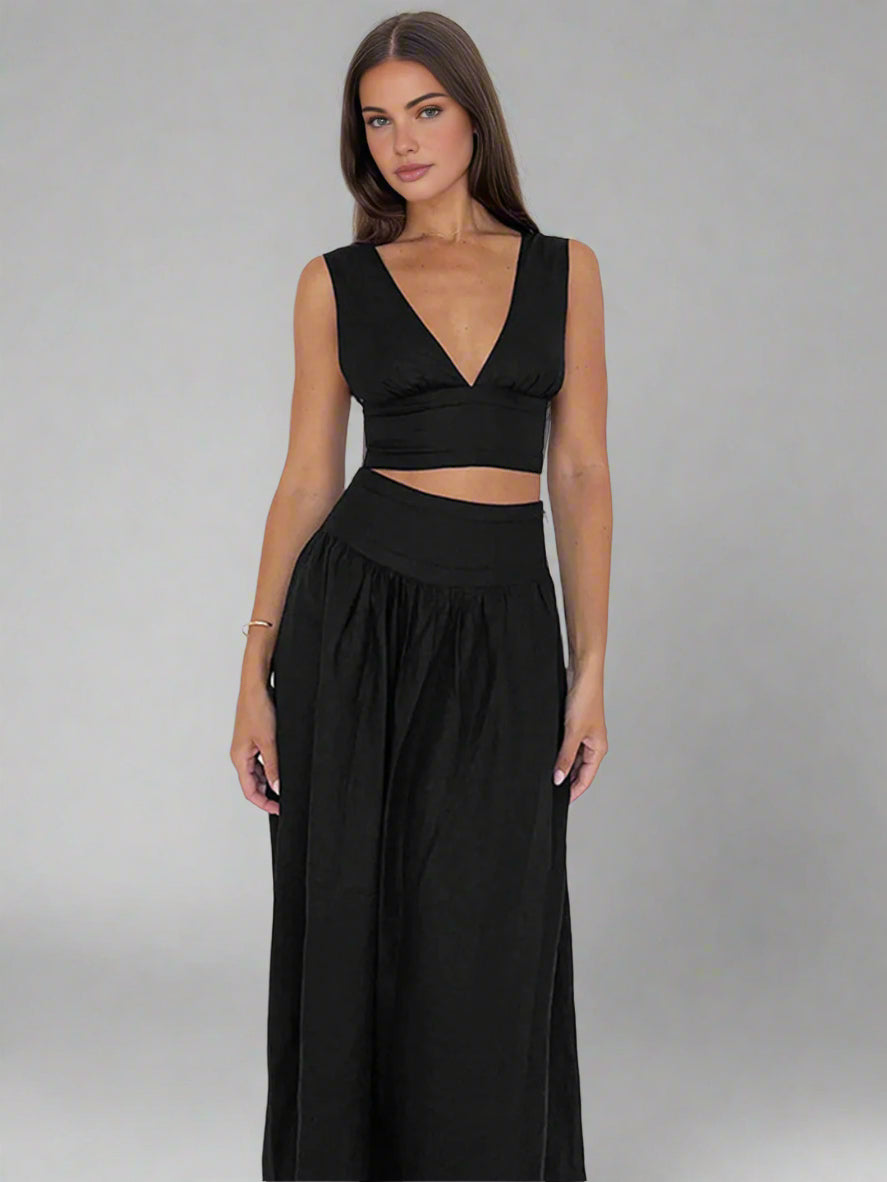 Set met diepe V-hals top en lange rok