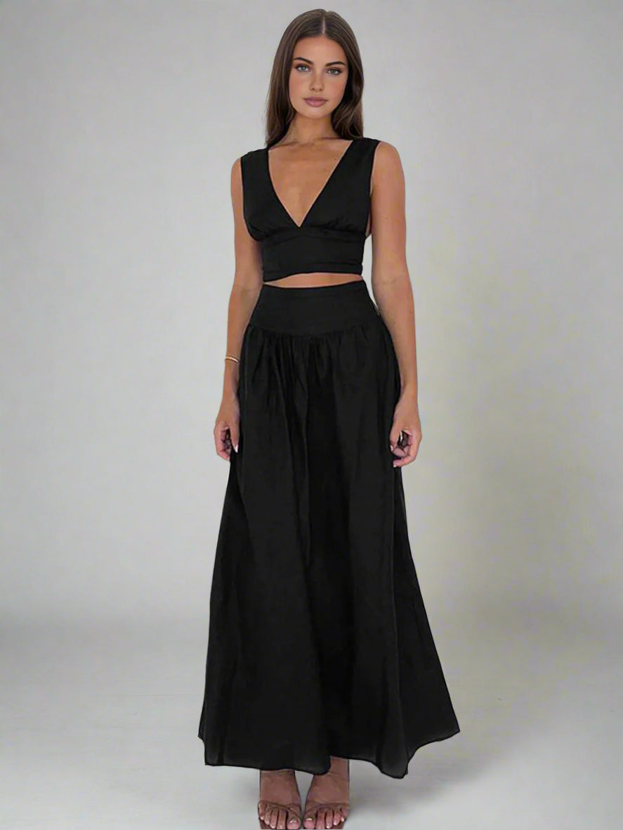 Set met diepe V-hals top en lange rok