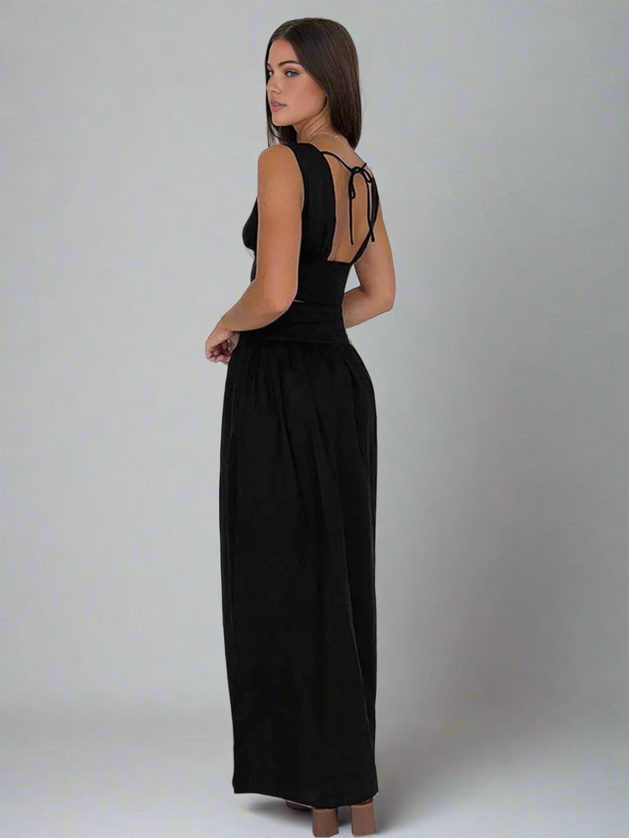 Set met diepe V-hals top en lange rok