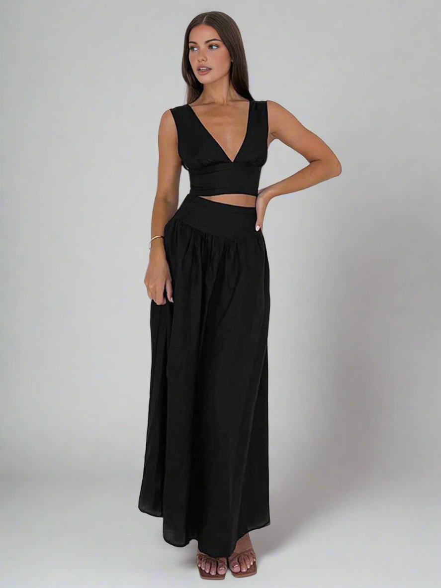 Set met diepe V-hals top en lange rok