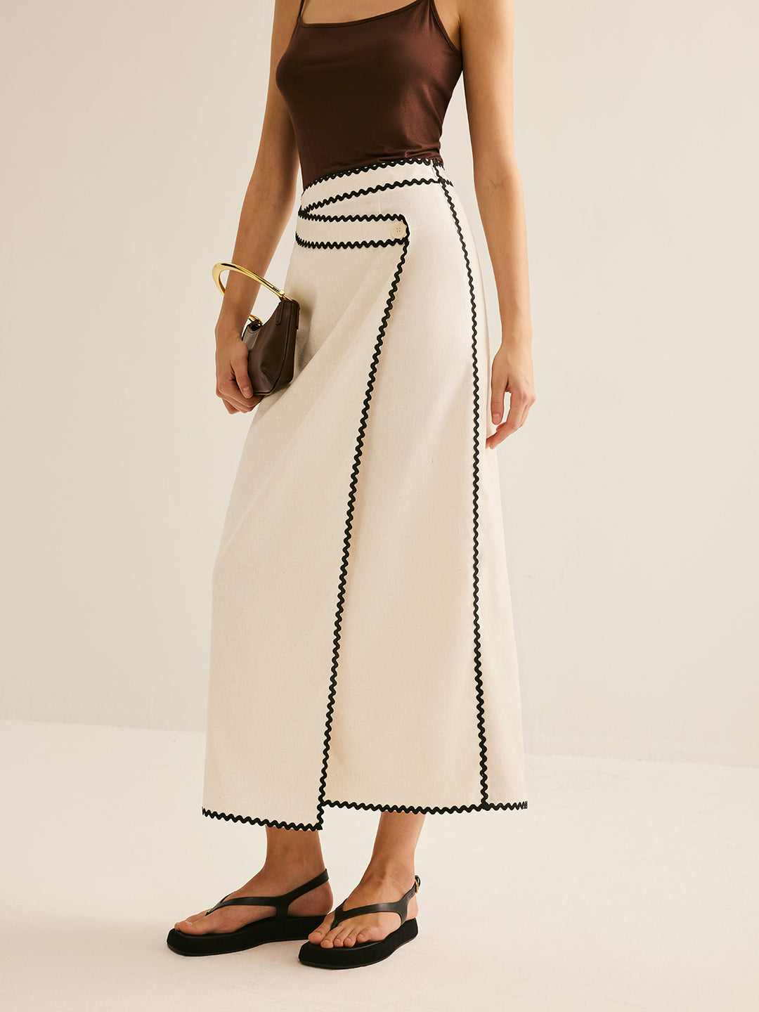 Crèmekleurige Maxi-Rok met Zwarte Bies
