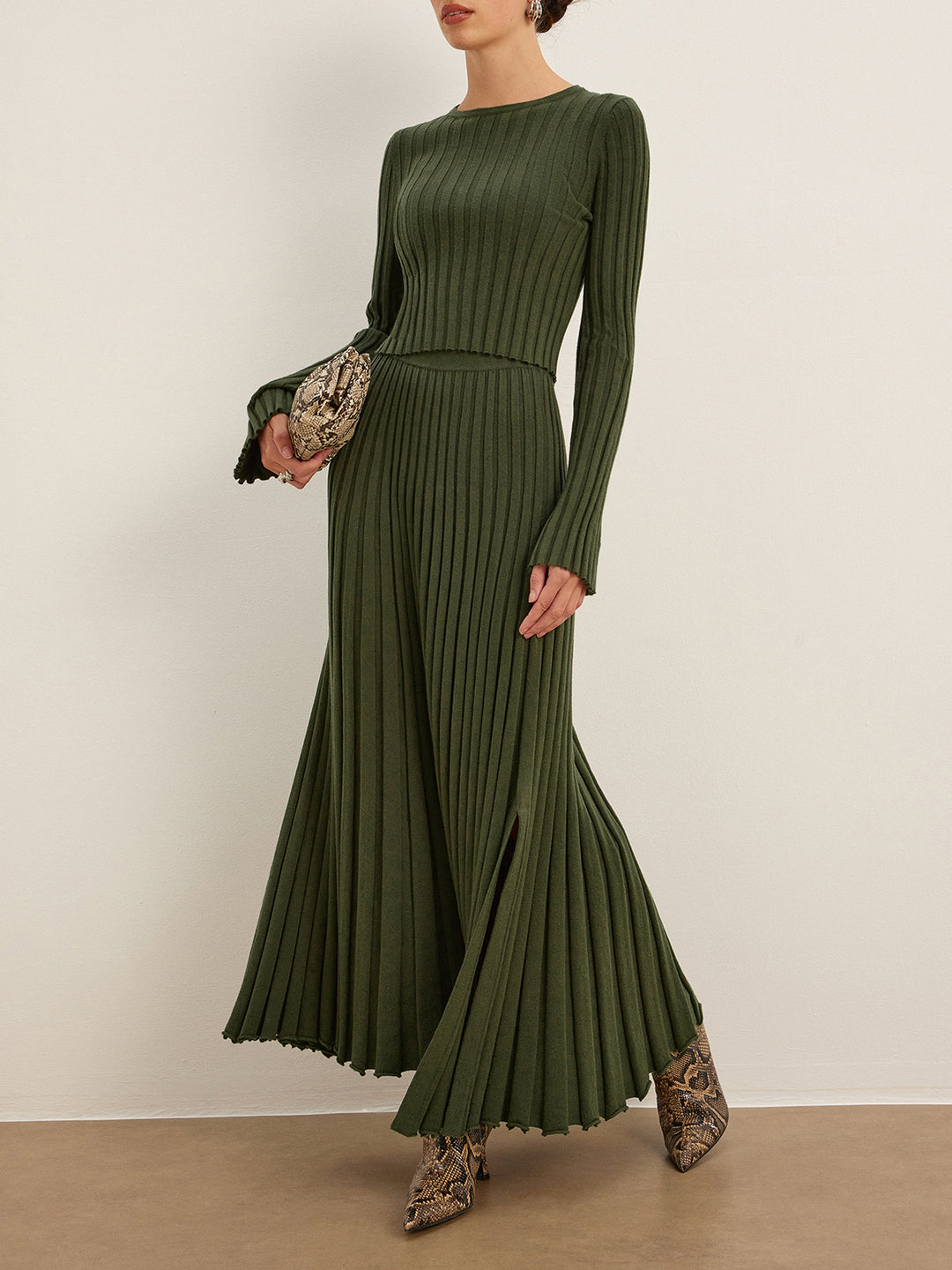 Ribbelset met Lange Mouwen Top en Maxi-Rok