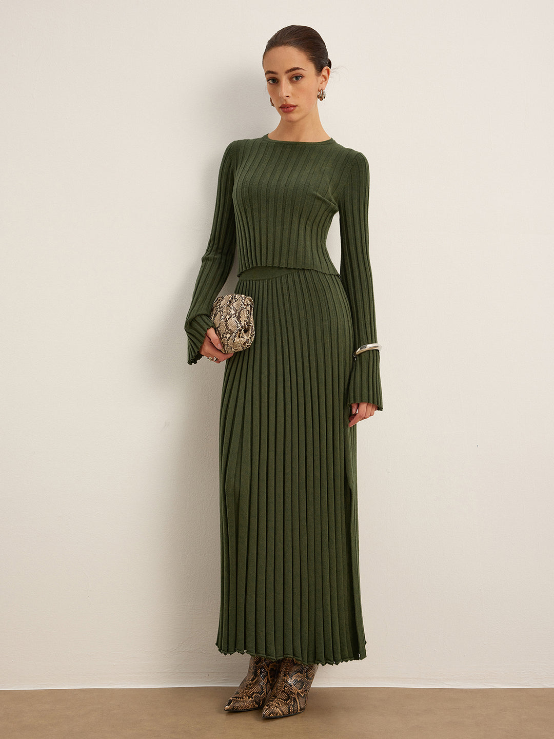 Ribbelset met Lange Mouwen Top en Maxi-Rok