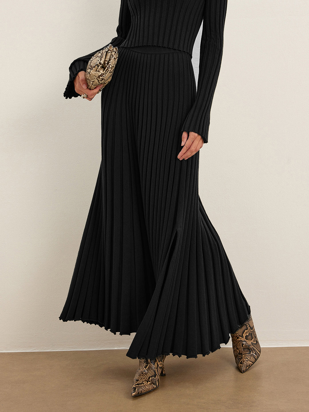 Ribbelset met Lange Mouwen Top en Maxi-Rok