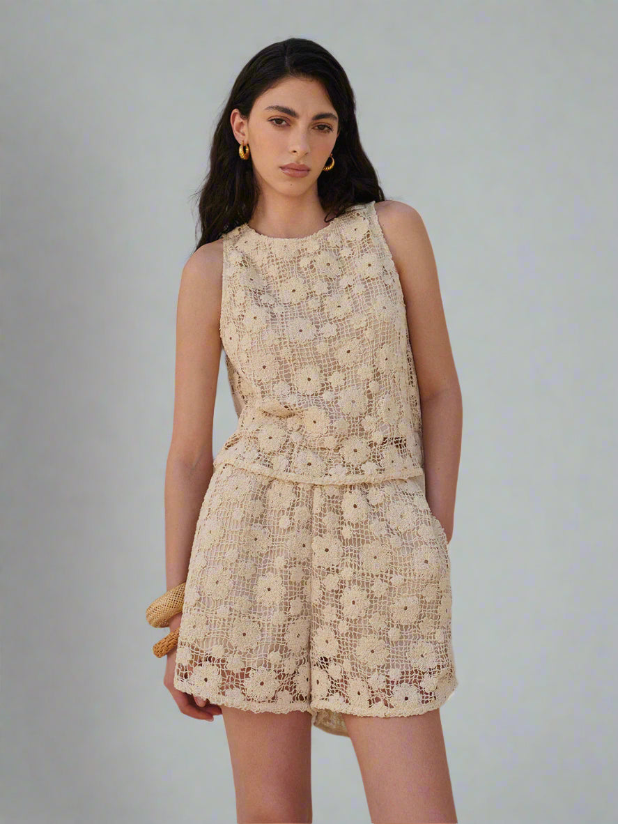 Beige Bloemenkant Set