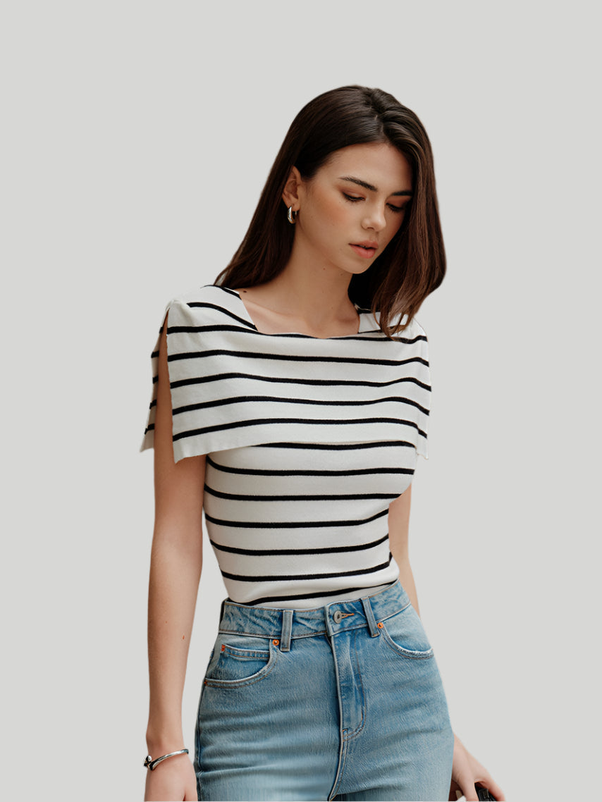 Gestreepte mouwloze gebreide top met boothals