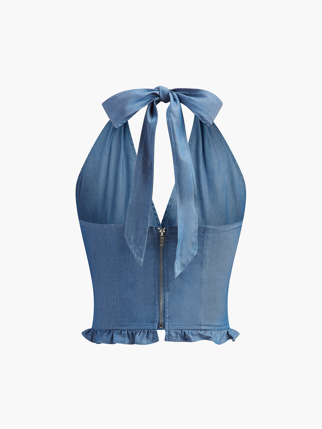 Blauwe denim haltertop met ruches