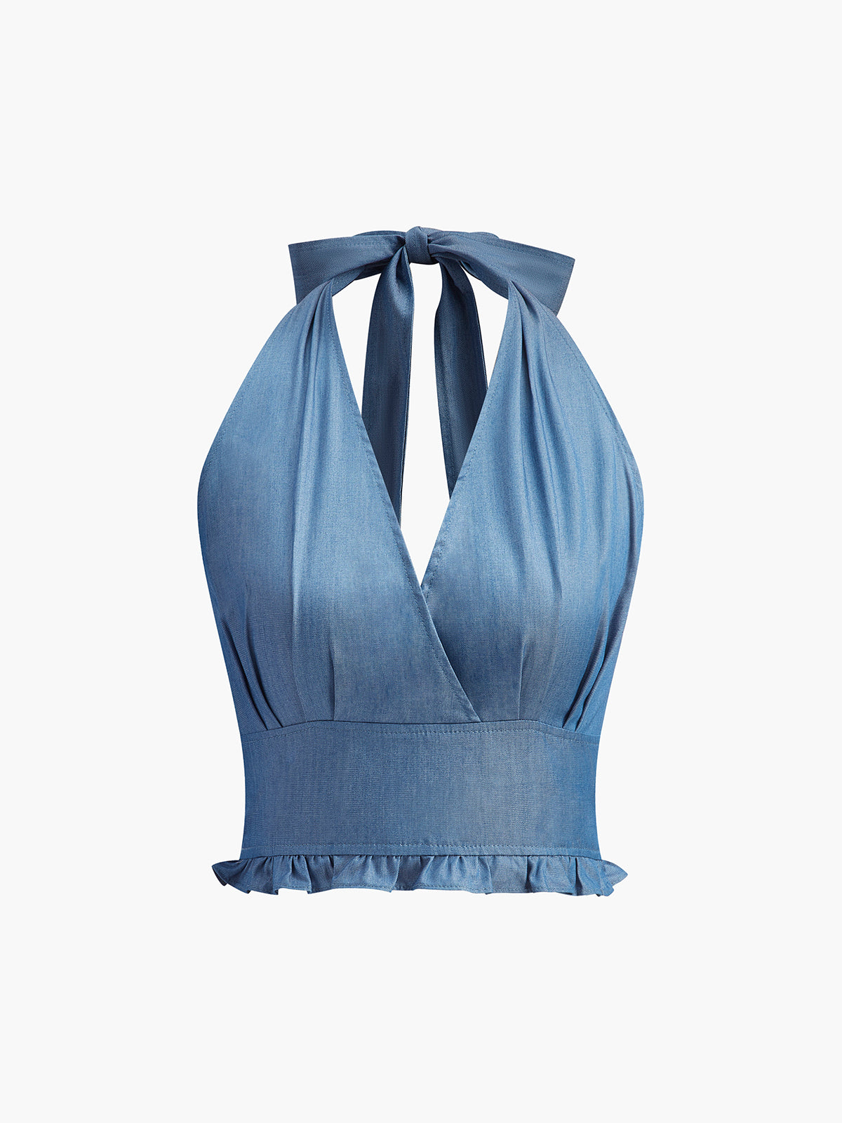 Blauwe denim haltertop met ruches