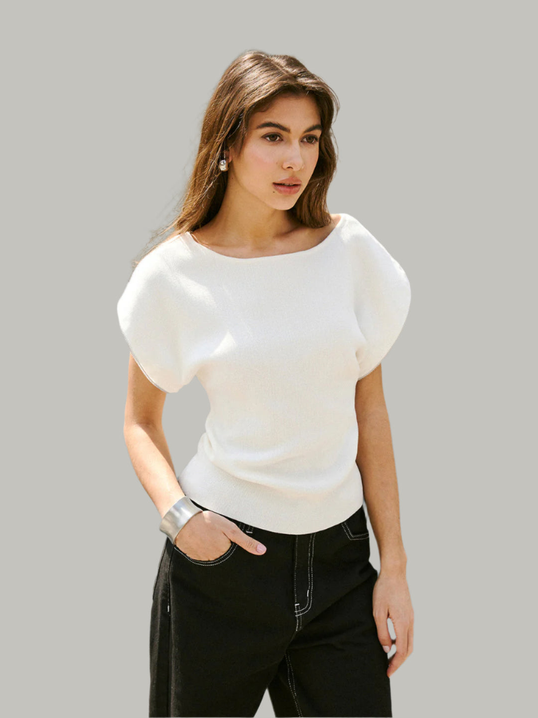 Witte gebreide top met pofmouwen