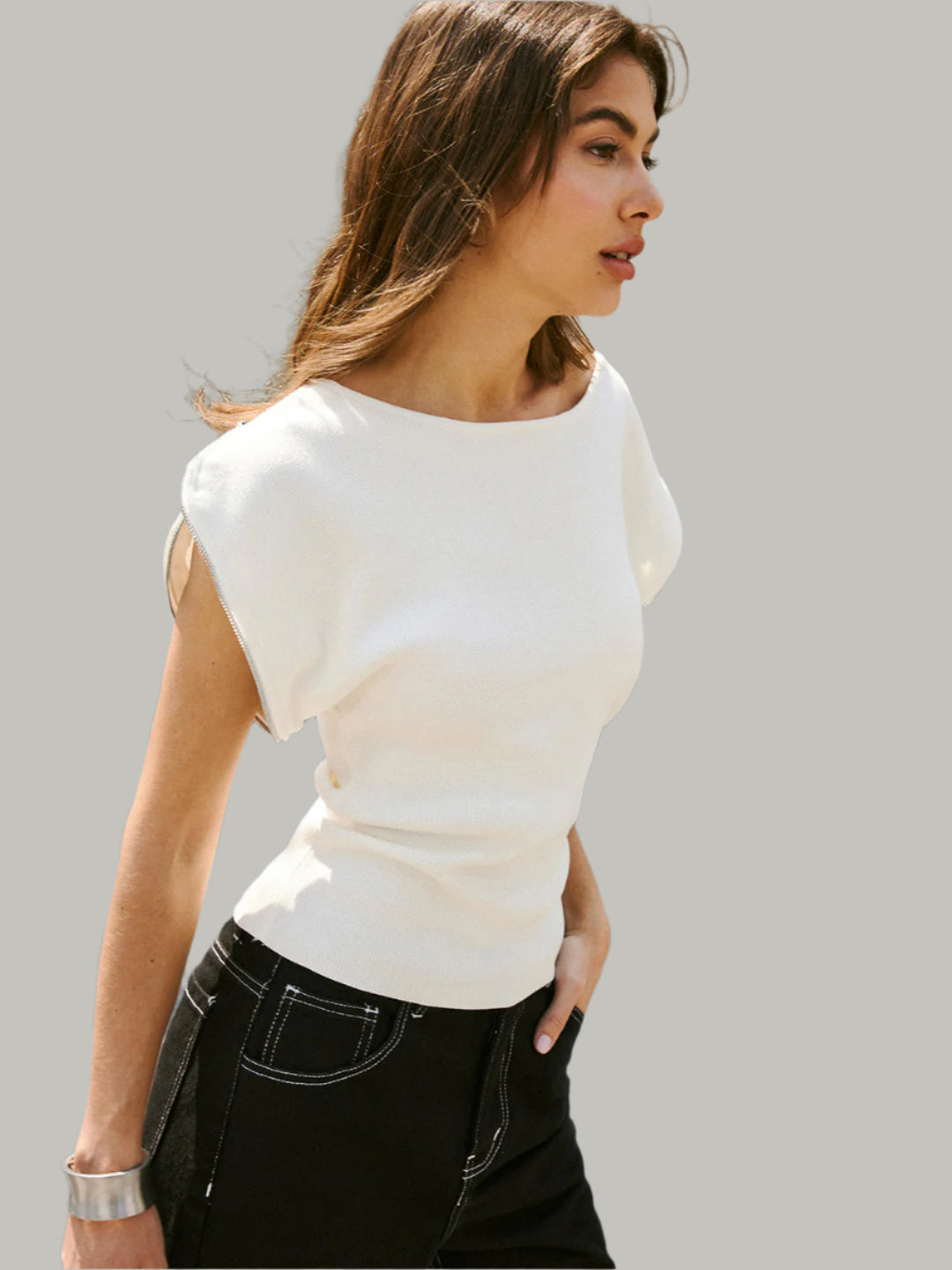 Witte gebreide top met pofmouwen